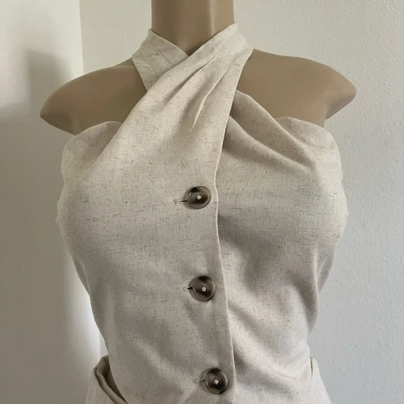Chic Linen Blend 2-Piece Set | Halter Crop Top & Wide Leg Pants Size Small - Picture 4 of 9